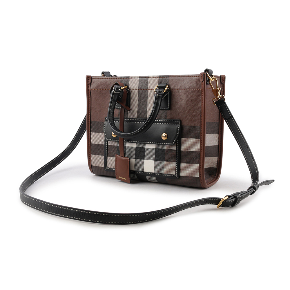 【BURBERRY】Freya 格紋帆布拼皮革迷你二用托特包(暗樺木棕色) 8054309