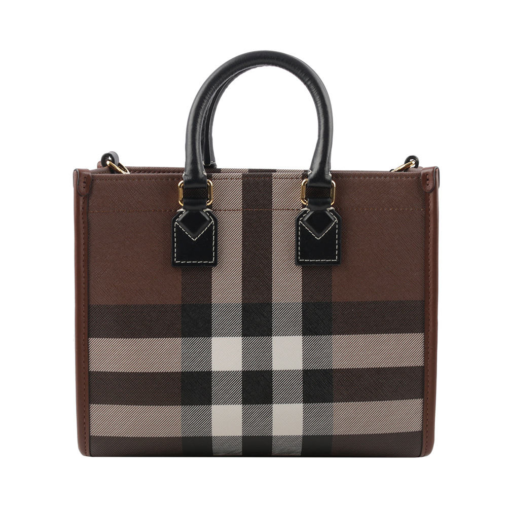 【BURBERRY】Freya 格紋帆布拼皮革迷你二用托特包(暗樺木棕色) 8054309