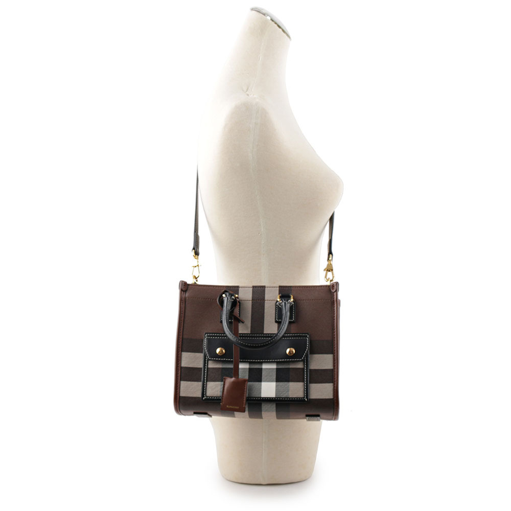 【BURBERRY】Freya 格紋帆布拼皮革迷你二用托特包(暗樺木棕色) 8054309