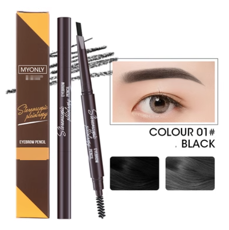 Popular 2-piece double-ended ultra-fine triangular eyebrow pencil with brush, waterproof, long-lasting, non-fading and non-fading (01#) (Black)