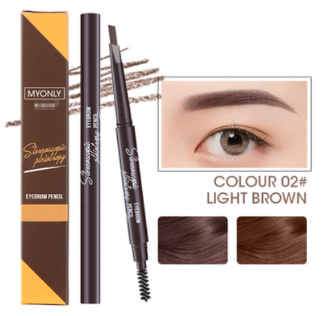 Popular 2-piece double-ended ultra-fine triangular eyebrow pencil with brush, waterproof, long-lasting, non-fading and non-fading (02#) (Light Coffee)
