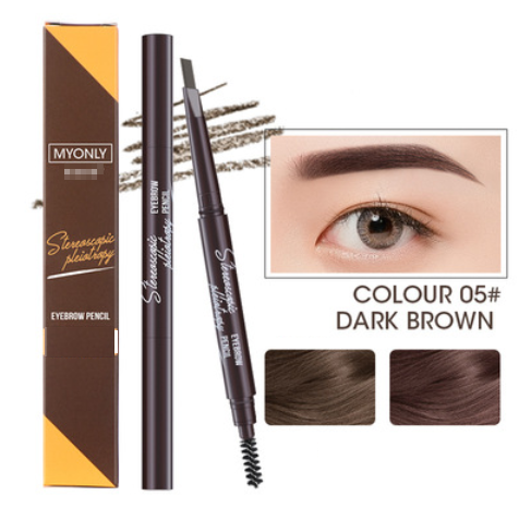 Popular 2-piece double-ended ultra-fine triangular eyebrow pencil with brush, waterproof, long-lasting, non-fading and non-fading (05#) (Dark Coffee)