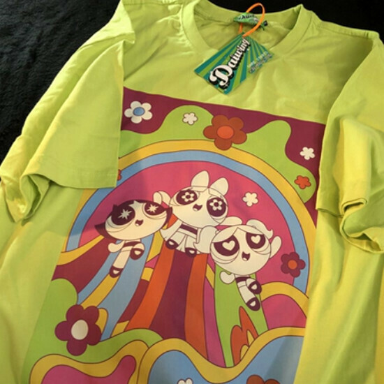 Hot selling cartoon couple cotton and linen short-sleeved T-shirt [fluorescent green] [S-XL size] (please contact customer service to confirm the delivery size after placing the order)