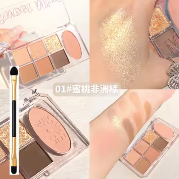 Hotly recommended eyeshadow, blush and contouring all-in-one palette (01# Peach African Orange + three eyeshadow brushes)