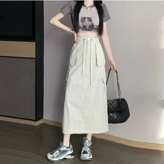 Hot selling workwear drawstring skirt [Apricot] [S-2XL size] (please contact customer service to confirm the delivery size after placing the order)