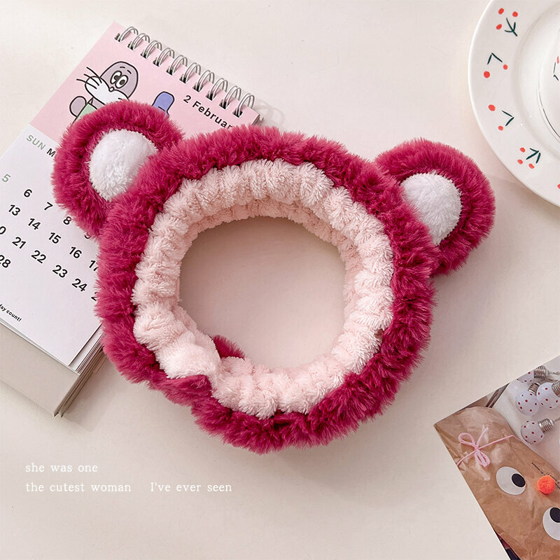 New cute plush face wash headband (Little Bear Ears-Raspberry Pink)