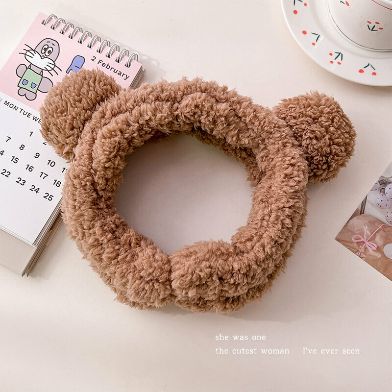 New cute plush face wash headband (panda ears-coffee color)