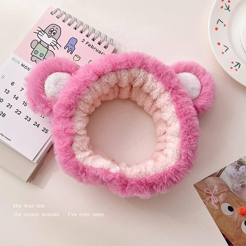 New cute plush face wash headband (little bear ears-rose pink)