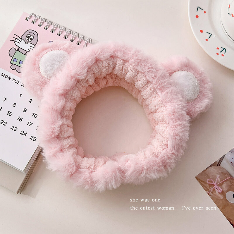 New cute plush face wash headband (little bear ears-pink)