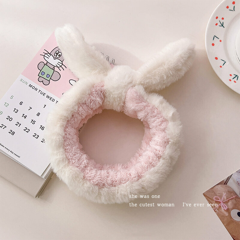 New cute plush face wash headband (rabbit ears-white)
