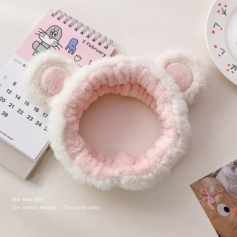 New cute plush face wash headband (little bear ears-white)