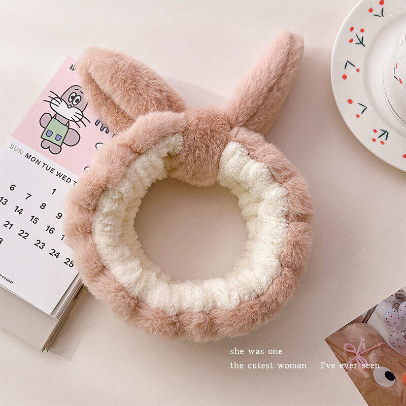 New cute plush face wash headband (rabbit ears-light orange)
