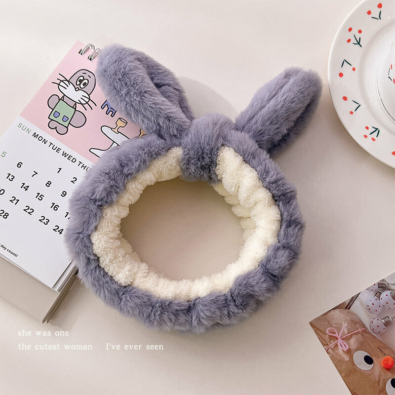 New cute plush face wash headband (rabbit ears-grey blue)