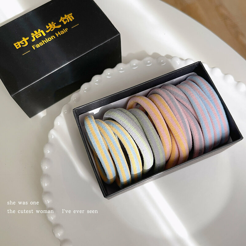 Hot push high elastic hair band, elastic hair rope and headband (light color striped style 15 pieces)