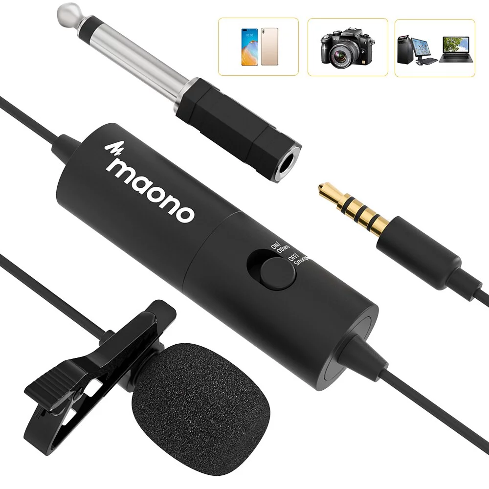 公司貨 MAONO AU-100 全向型領夾麥克風 mini mic 防干擾 防風海棉 3.5 6.3 轉接頭 鈕扣電池