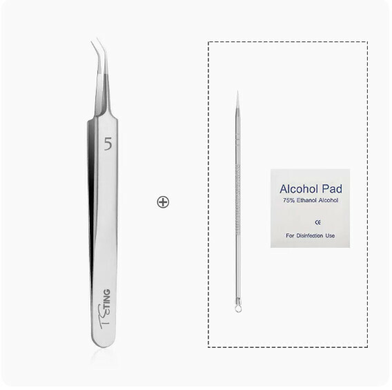 Hot selling blackhead removal closed comedone needle cell clip tweezers (No. 5 (slanted tweezers) + [super sharp needle + alcohol cotton * 6 pieces])