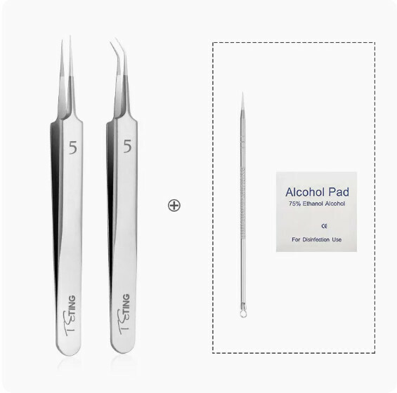 Hot selling blackhead removal closed comedone needle cell clip tweezers (No. 5 (straight tweezers + slanted tweezers) + [super sharp needle + alcohol cotton * 6 pieces])