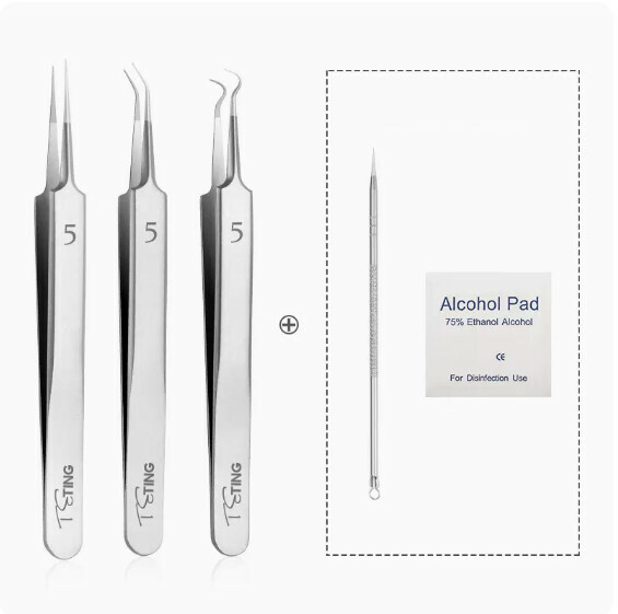 Hot selling blackhead removal closed comedone needle cell clip tweezers (No. 5 (straight tweezers + slanted tweezers + curved hook) + [super sharp needle + alcohol cotton * 6 pieces])