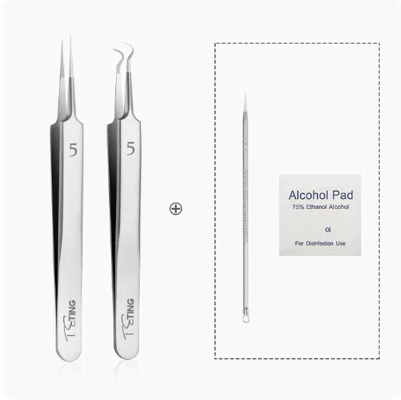 Hot selling blackhead removal closed comedone needle cell clip tweezers (No. 5 (straight tweezers + curved hook) + [super sharp needle + alcohol cotton * 6 pieces])