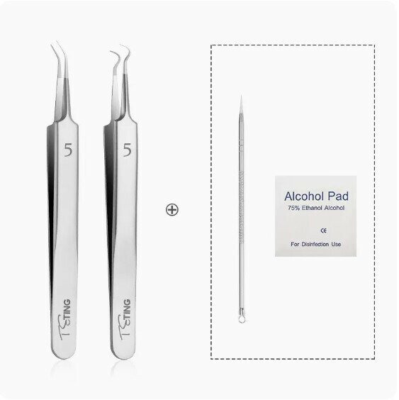 Hot selling blackhead removal closed comedone needle cell clip tweezers (No. 5 (slanted tweezers + curved hook) + [super sharp needle + alcohol cotton * 6 pieces])