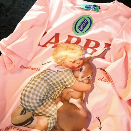 Hot Selling Rabbit Couple Retro Short Sleeve T-shirt [Meat Pink] [S-XL Size] (please contact customer service to confirm the delivery size after placing the order)