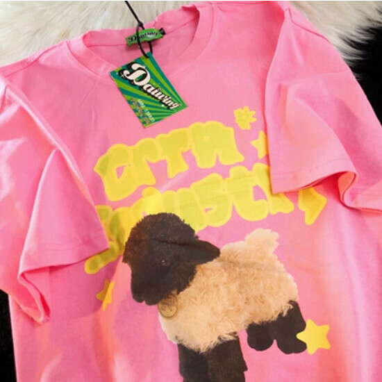 Hot selling sheep half-sleeved cotton and linen short-sleeved T-shirt [pink] [S-XL size] (please contact customer service to confirm the delivery size after placing the order)