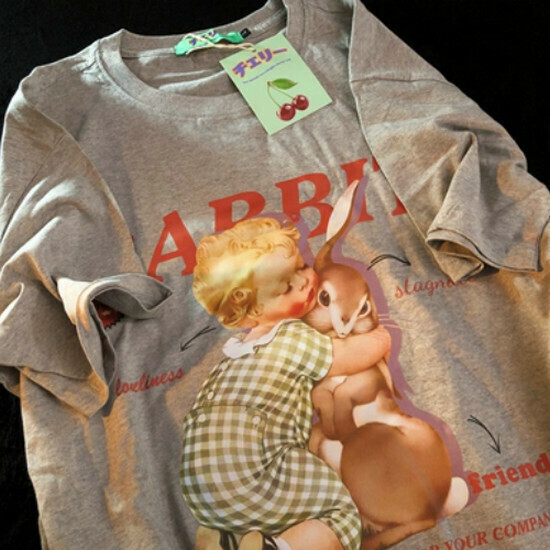 Hot Selling Rabbit Couple Retro Short Sleeve T-Shirt [Gray] [S-XL Size] (Please contact customer service to confirm the delivery size after placing the order)