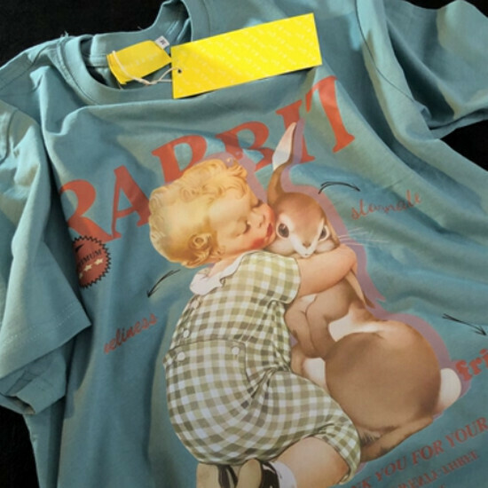 Hot Selling Rabbit Couple Retro Short Sleeve T-Shirt [Indigo] [S-XL] (Please contact customer service to confirm the delivery size after placing the order)