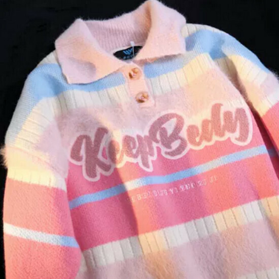 Hot Selling Striped Color Block Lapel Soft Waxy Sweater [Pink] [M-XL] (Please contact customer service to confirm the delivery size after placing the order)