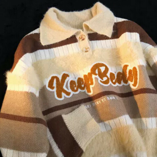 Hot selling striped color block lapel soft waxy sweater [khaki] [M-XL size] (please contact customer service to confirm the delivery size after placing the order)
