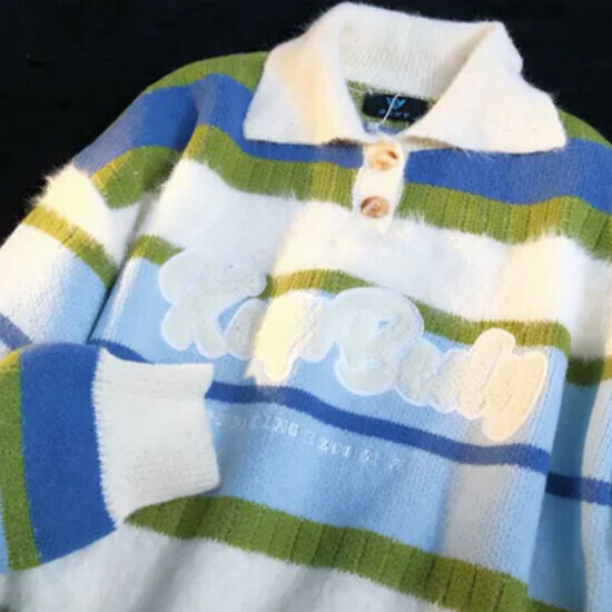 Hot Selling Striped Color Block Lapel Soft Waxy Sweater [Blue] [M-XL] (Please contact customer service to confirm the delivery size after placing the order)