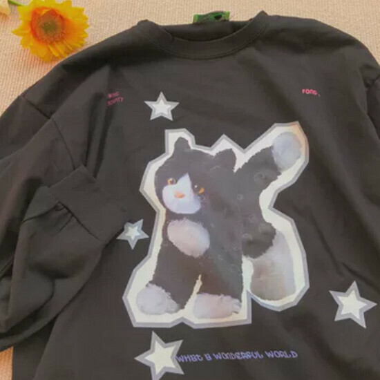 Hot selling cat doll cartoon couple cotton and linen long-sleeved T-shirt [black] [S-XL size] (please contact customer service to confirm the delivery size after placing the order)