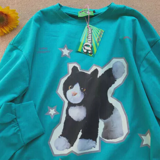 Hot selling cat doll cartoon couple cotton and linen long-sleeved T-shirt [Lake Blue] [S-XL size] (please contact customer service to confirm the delivery size after placing the order)