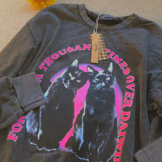 Hot selling washed cat couple long-sleeved T-shirt [black] [S-XL size] (please contact customer service to confirm the delivery size after placing the order)