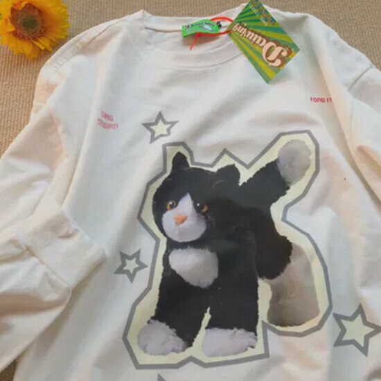 Hot selling cat doll cartoon couple cotton and linen long-sleeved T-shirt [white] [S-XL size] (please contact customer service to confirm the delivery size after placing the order)