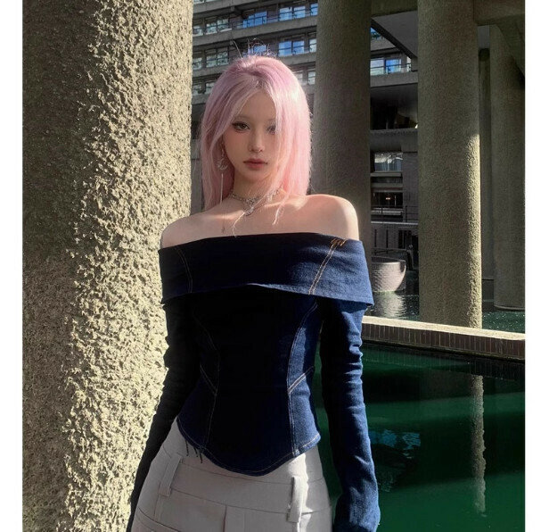 Hot selling bateau collar denim tops [denim blue] sizes [S to XL] [please contact customer service to confirm the delivery size after placing the order]