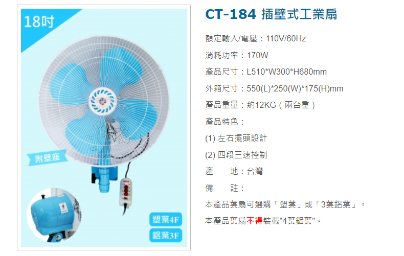 ＊中崙五金【缺貨中】 特好牌 18吋 CT-184 插壁式工業扇 掛壁扇 強力工業電扇 電風扇 台灣製