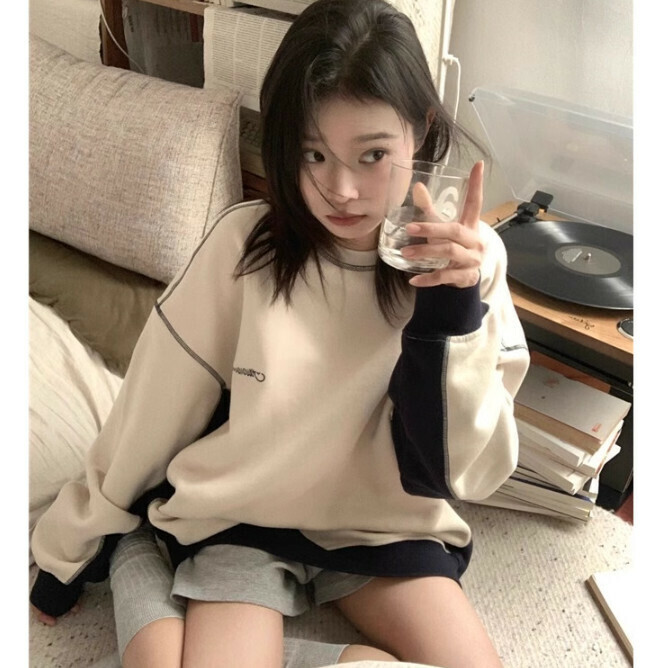 Hot selling contrasting color patchwork sweatshirt [khaki] size [S-XL] [please contact customer service to confirm the delivery size after placing the order]