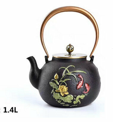 Hot-recommended old iron kettle for tea kettle and kettle without coating (specifications: double copper lotus pond goldfish (1.4L))