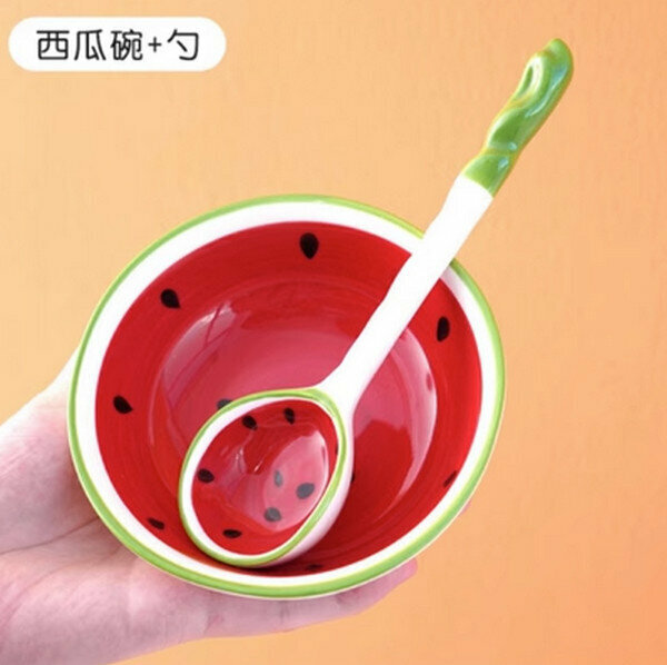 Hotly recommended ceramic hand-painted children's eating tableware [watermelon bowl + spoon]