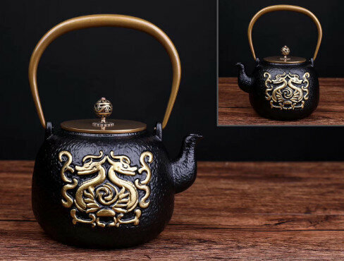 Hot-recommended old iron teapot and kettle without coating (Specification: Double Copper Double Dragon (1.4L))
