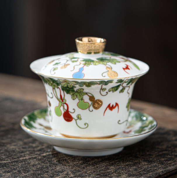 Recommended mutton fat jade porcelain Kung Fu teapot (Fu Lu Shou Xi Cai covered bowl)