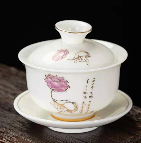 Hot push teapot (mutton fat jade lotus covered bowl [length 9.7cm*height 9.5cm, capacity 135ml])