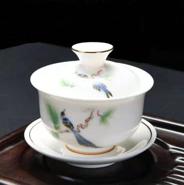 Hot push teapot (mutton fat jade pine bird covered bowl [length 9.7cm*height 9.5cm, capacity 135ml])