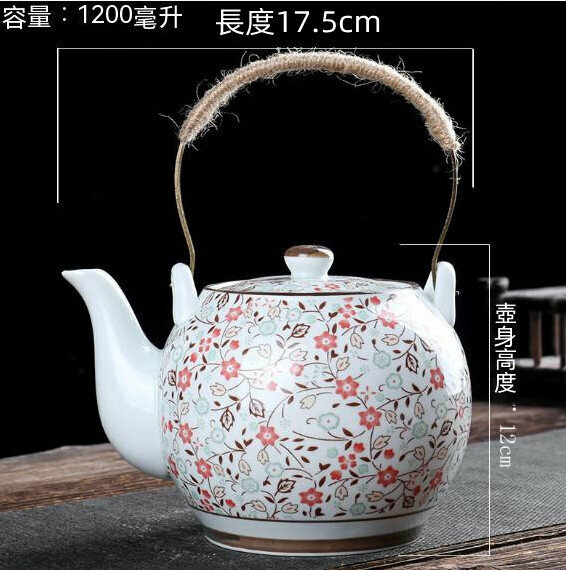 Hot recommendation for household large-capacity ceramic teapot (Small Red Flower 1.2L single pot with copper handle)