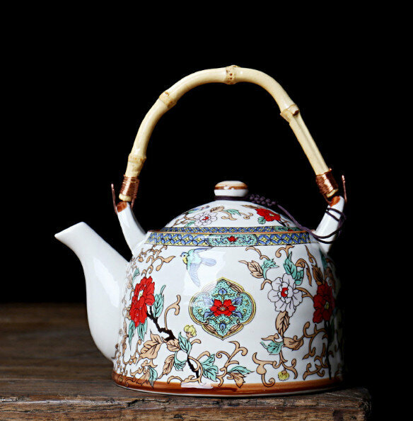 Hotly recommended household Chinese-style ceramic teapot (900ml bamboo and rattan single pot with birdsong and flowers)