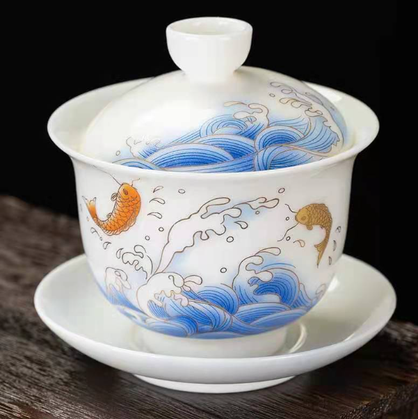 熱推茶壺(羊脂玉魚躍龍門蓋碗【長9.7cm*高9.5cm 容量135ml】)