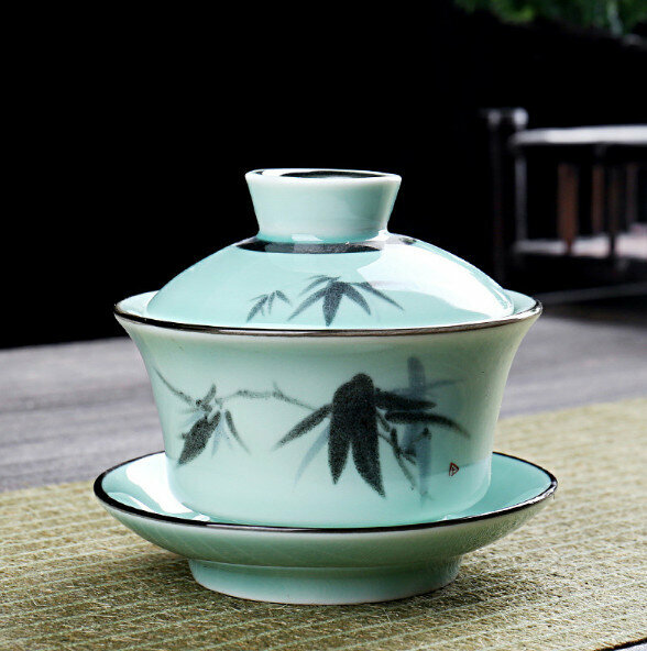 熱推簡約陶瓷帶蓋碗茶杯（綠釉竹子）