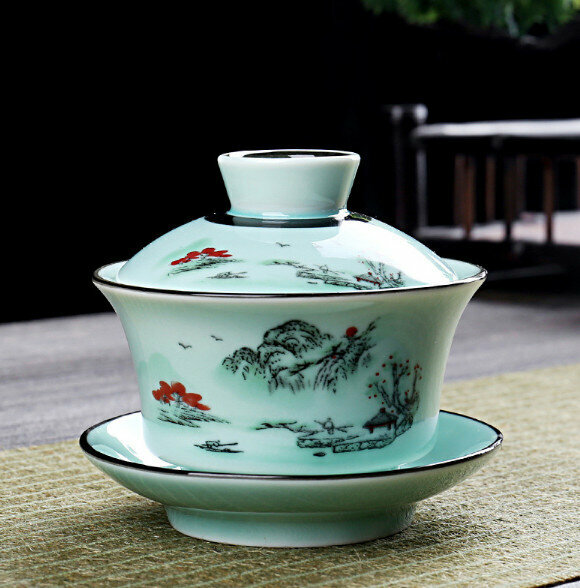 熱推簡約陶瓷帶蓋碗茶杯（綠釉紅聖火）