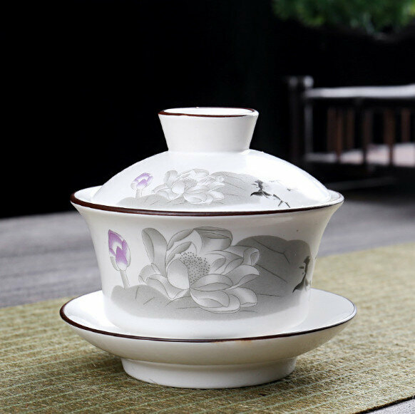 熱推簡約陶瓷帶蓋碗茶杯（定窯蓮花）